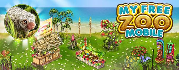 My Free Zoo Mobile displays the current event decoration in Hawaiian style.