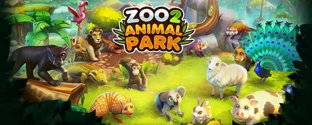 Illustration colorée du jeu Zoo 2: Animal Park avec divers animaux exotiques – simulation de zoo mobile idéale pour jouer en voyage