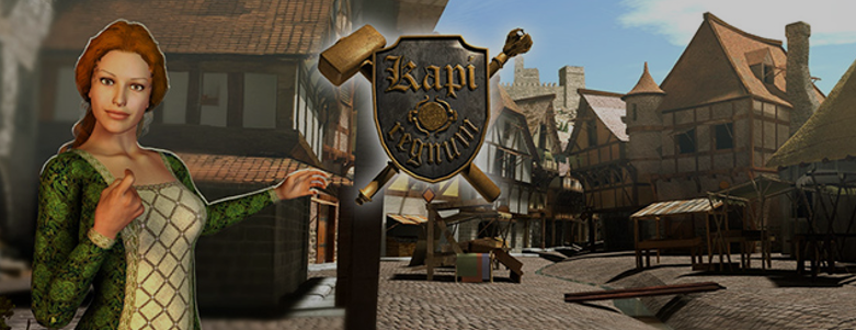 Personnage féminin en tenue médiévale devant le logo de Kapi Regnum et un marché de village du Moyen-Âge