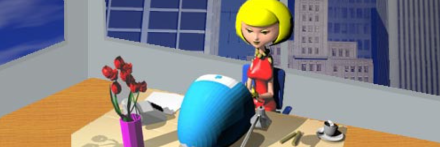Personnage féminin dans un bureau virtuel de Kapilands devant un ordinateur rétro