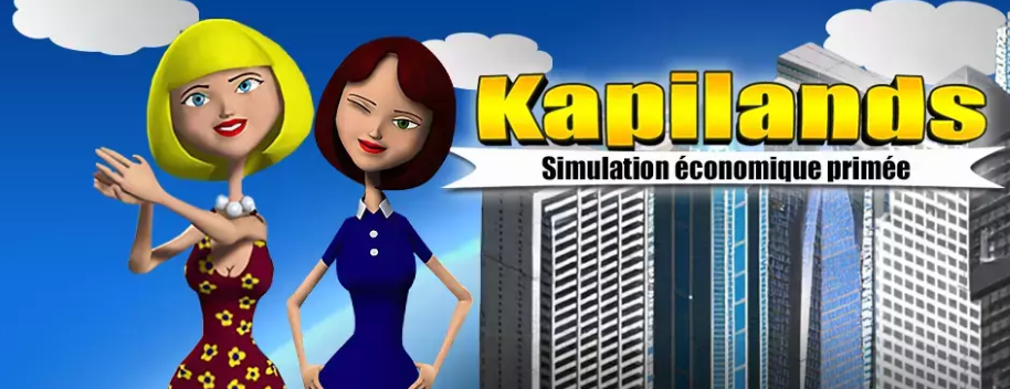 Deux personnages féminins stylisés devant de gratte-ciel avec le logo Kapilands - Simulation économique primée