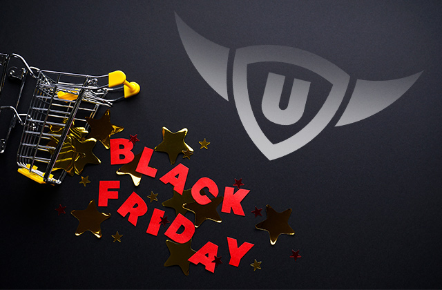 Black Friday 2025 upjers : chariot miniature renversé, étoiles dorées et logo upjers sur fond noir