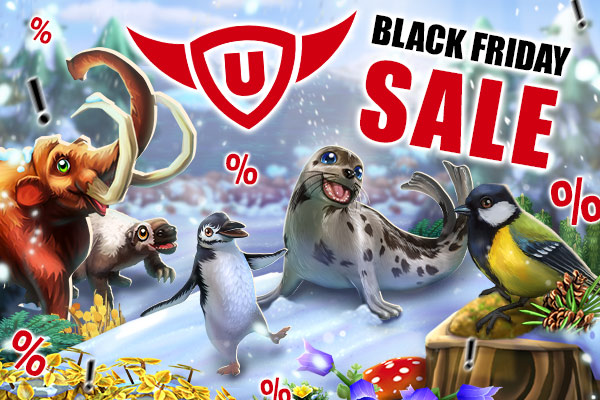 Visuel Black Friday Sale upjers avec mammouth, manchot, phoque et mésange, symboles % sur fond hivernal