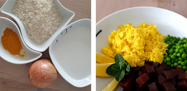 Kokosreis zum Veganuary: Nur vier Zutaten - Reis, Kokosmilch, Kurkuma und Zwiebel