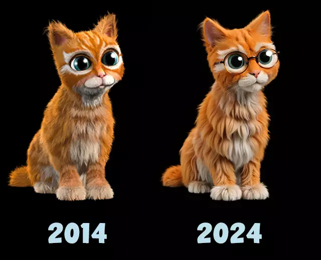 Games und KI:  Die Uptasia Katze Bianca aus dem upjers Online Wimmelbildspiel ist um zehn Jahre gealtert. Das Fell ist etwas zotteliger, die Augenbrauen etwas buschiger und sie trägt nun eine Brille.