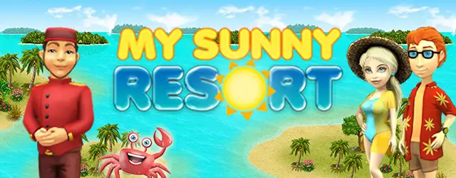 Einer der Tipps bei Regenwetter: My Sunny Resort! Inseln mit Palmen in der Karibik, türkis-blaues Meer und Urlauber in Bade- und Freizeitmode sowie ein Hotel-Angestellter und eine Krabbe.