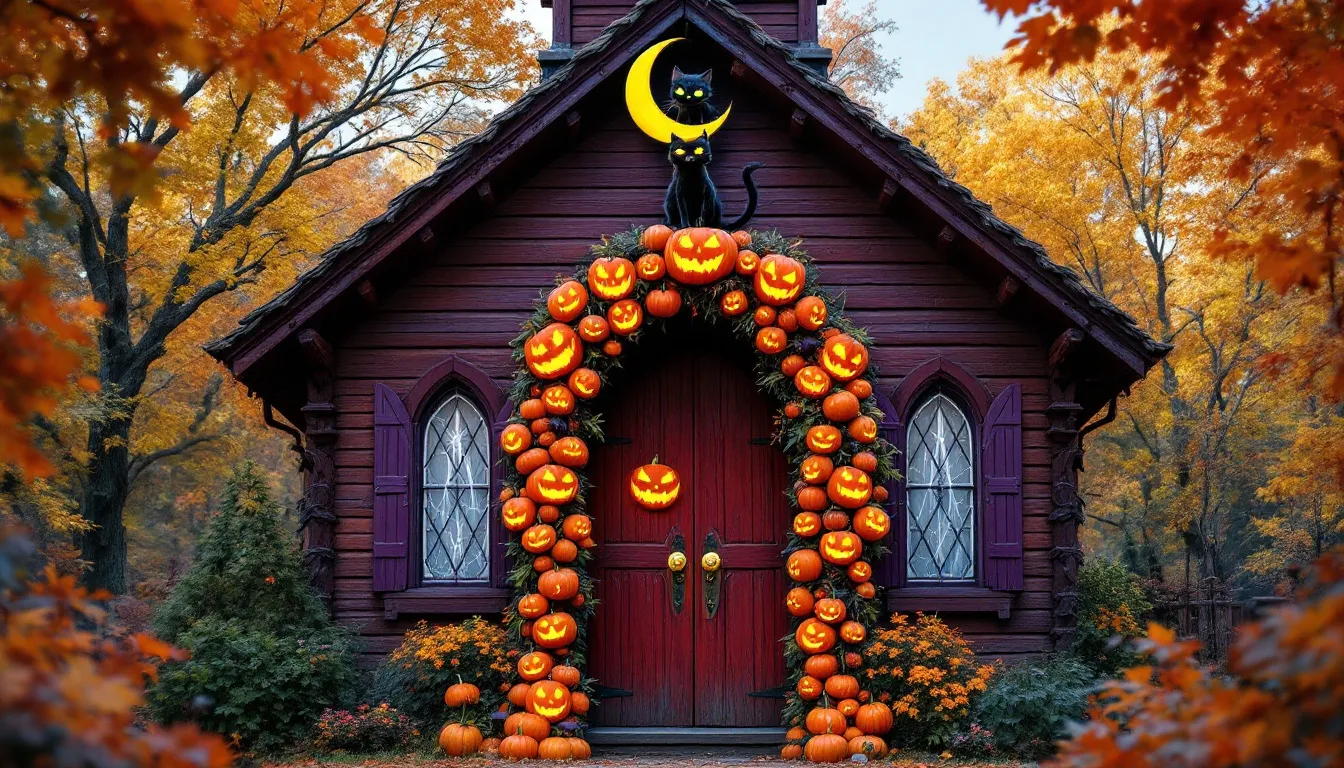 Ein geschmückter Hauseingang mit beleuchteten Halloween Kürbissen rings um den Türstock.