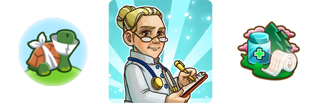 Das Icon für die Auffangstation, die Produkte der Tierärztin und das Icon für die Achievements.