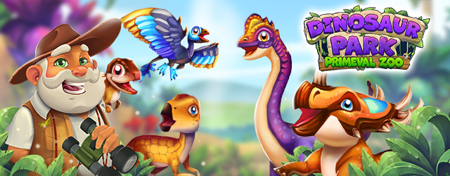 Die Dinos Jeholornis, Hypsilophodon, Sinoceratops und Europasaurus zusammen mit dem Questgeber Walter Müller im Dino-Park Spiel.