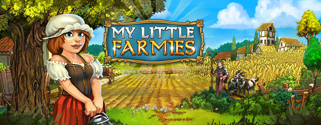 Ein erntereifes Getreidefeld, eine Ziegenhirtin mit schwarz-weiß gefleckten Ziegen, eine alte Eiche und eine Bauernmagd mit einer Milchkanne bilden das Motiv für My Little Farmies.