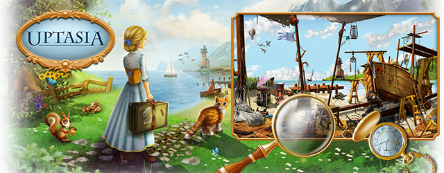 Eine Szene aus dem Wimmelbildspiel Uptasia mit der Questgeberin und ihrer Katze, einem Wimmelbild mit einem Holzschiff sowie einer Lupe und einer alten Taschenuhr.