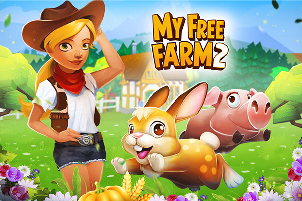 Die Questgeberin Silvia aus My Free Farm 2 trägt einen Cowboy-Hut und steht auf der Farm. Um sie herum sind Blumen und Gemüse sowie ein Hase und ein Schwein.