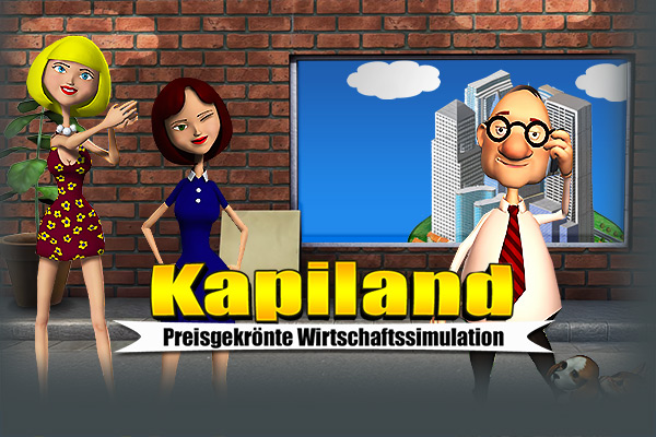 Kapiland - preisgekrönte Wirtschaftssimulation steht auf dem Logo. Dahinter sind die Charaktere des Onlinespiels: Ein Wirtschaftsmagnat, eine blonde und eine brünette Frau.